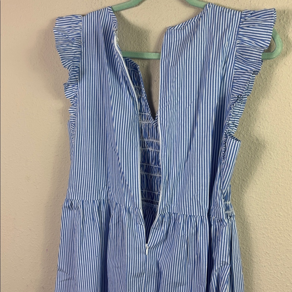 J. Crew Smocked flutter-sleeve midi dress blue white striped size medium - Picture 6 of 8